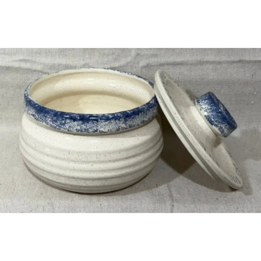 KW Studio Pottery Canister Give Thanks To The Lord Blue Cream Speckled 5x5